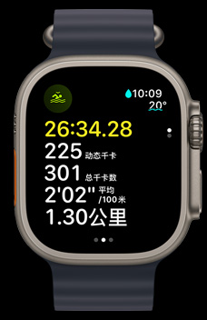 Apple Watch Ultra 2 屏幕上显示在开放水域的游泳时长、卡路里和配速。