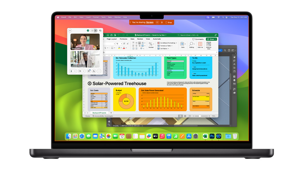 一台 Mac 的屏幕里显示着多款打开的 app，其中包括了 Excel。