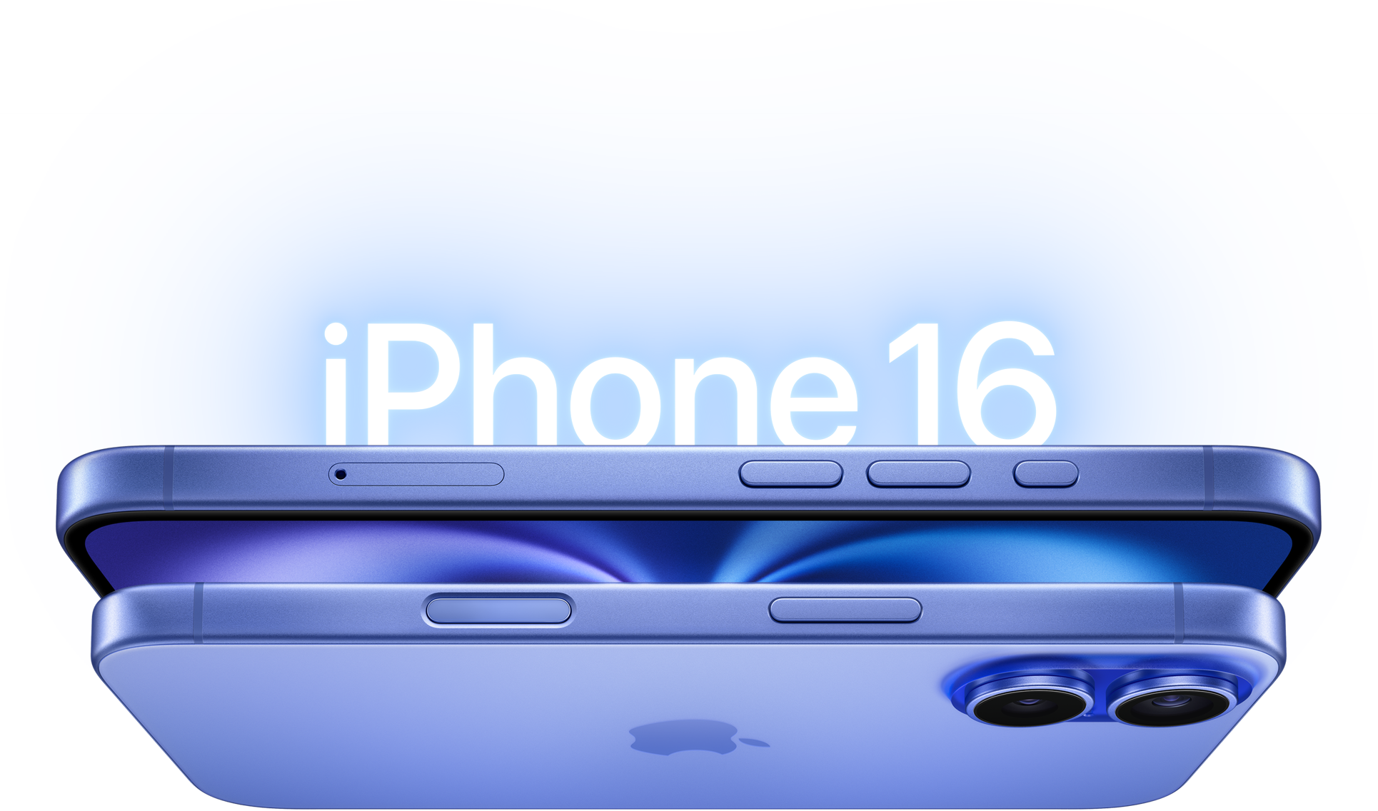 两款群青色 iPhone 16 机型，展示侧面外观、侧边按钮、凸起的双摄系统。