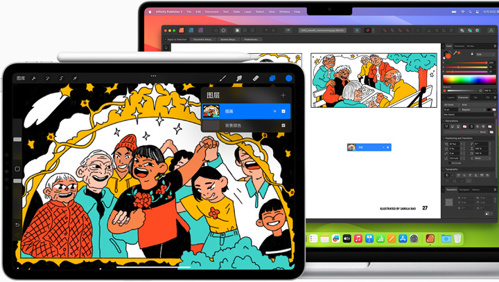 图片展示用户使用 iPad 和 MacBook Pro 绘制插画