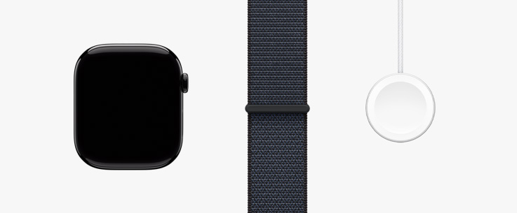 Apple Watch Series 10、浓墨色回环式运动表带和磁力充电器转 USB‑C 连接线并列排放的正面视图。