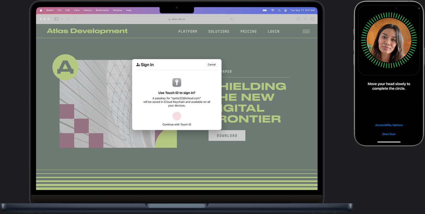 一台 Mac 和一部 iPhone 展示触控 ID 用于安全登录的不同应用。