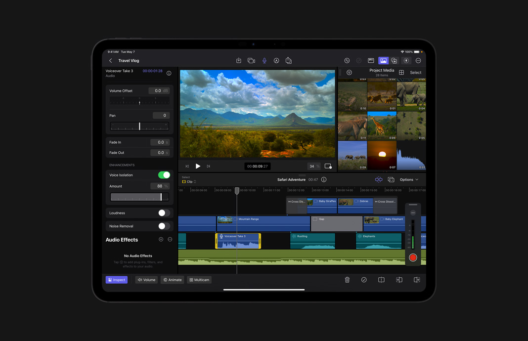 在 iPad Pro 上使用 iPad 版 Final Cut Pro 调整音频，以消除背景噪声。