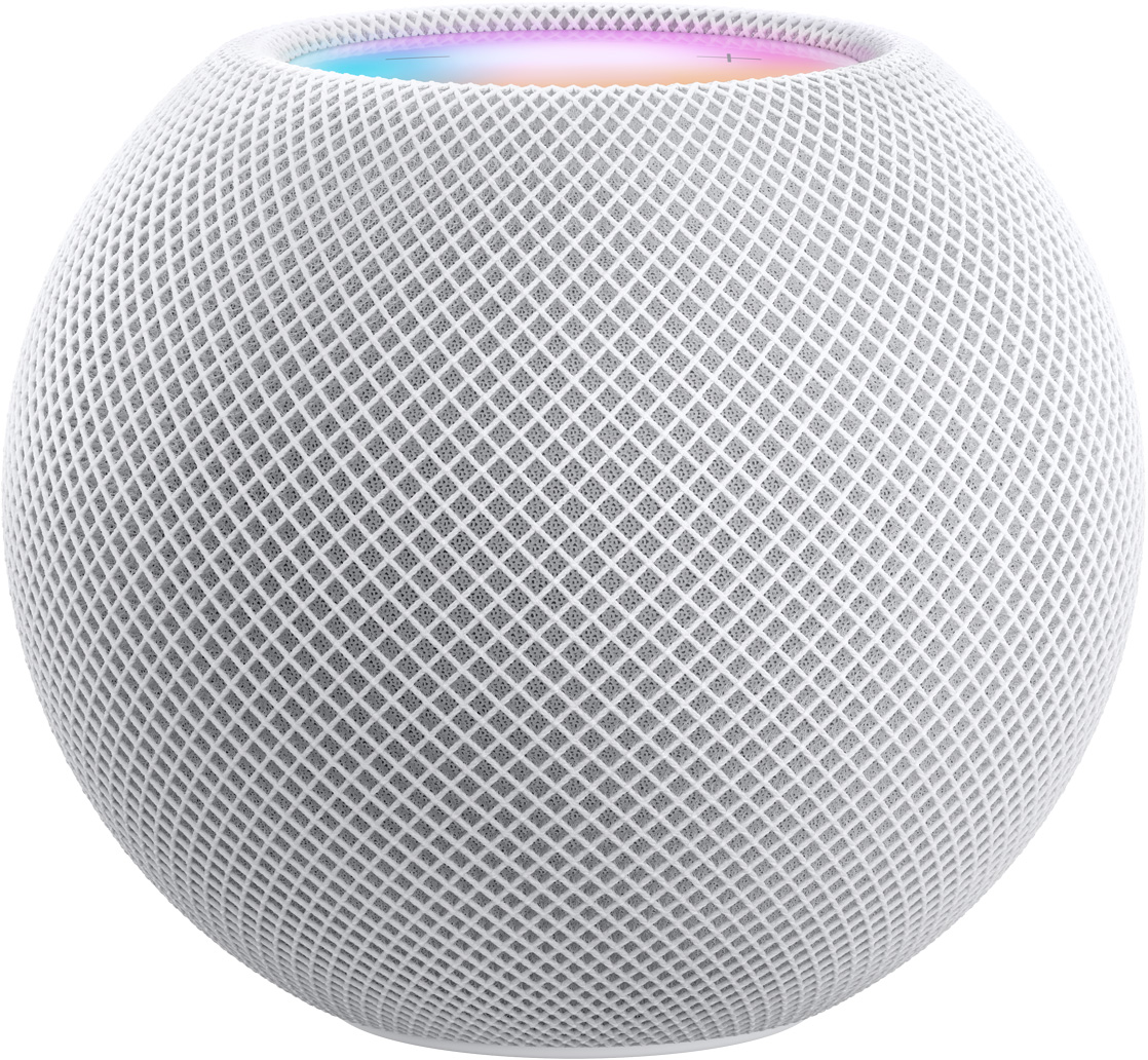 白色 HomePod mini 边缘上方露出一小部分彩色顶盖。