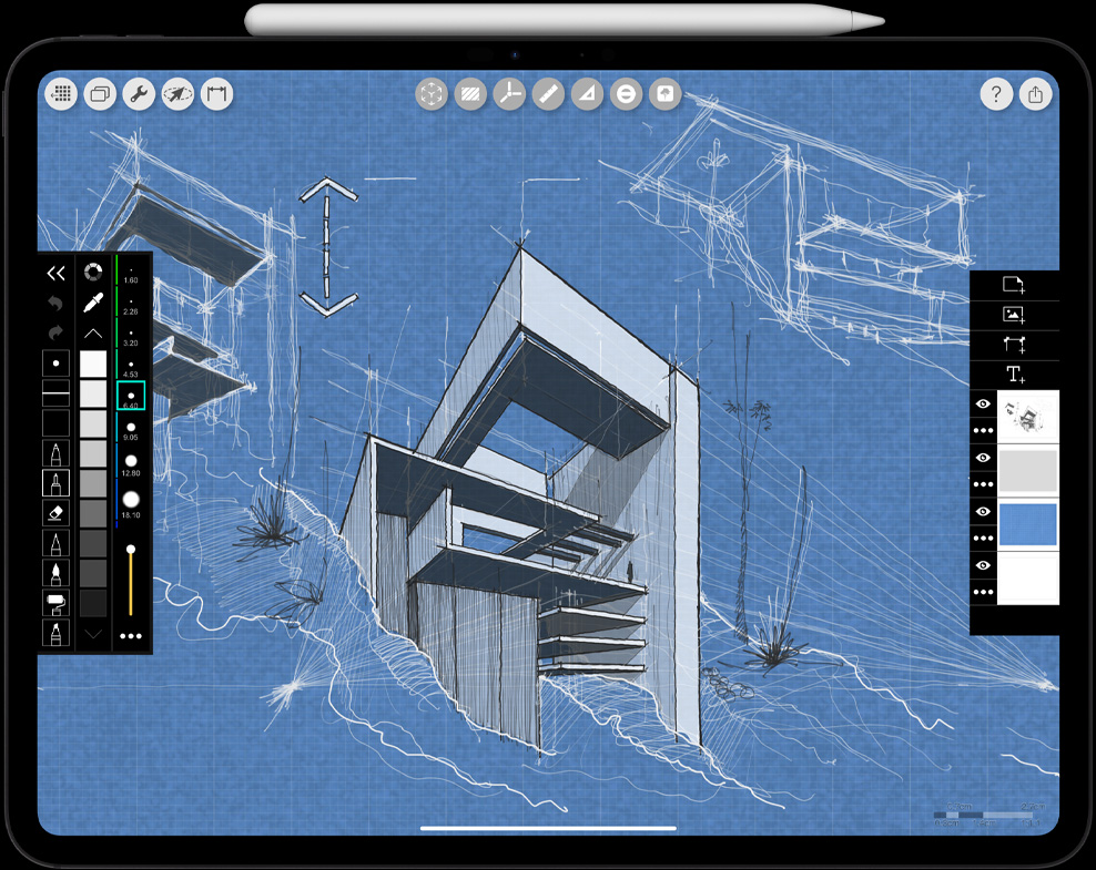 iPad Pro 横屏放置，Apple Pencil Pro 吸附在 iPad Pro 音量键一侧边框，屏幕显示手绘建筑设计图。