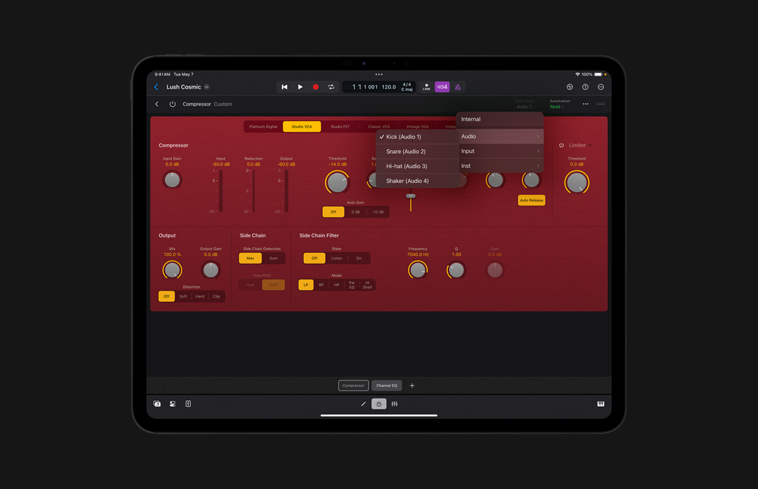 iPad 版 Logic Pro 中的一款 compressor 插件的用户界面。