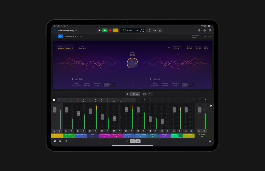 iPad 版 Logic Pro 中的 ChromaGlow 用户界面。