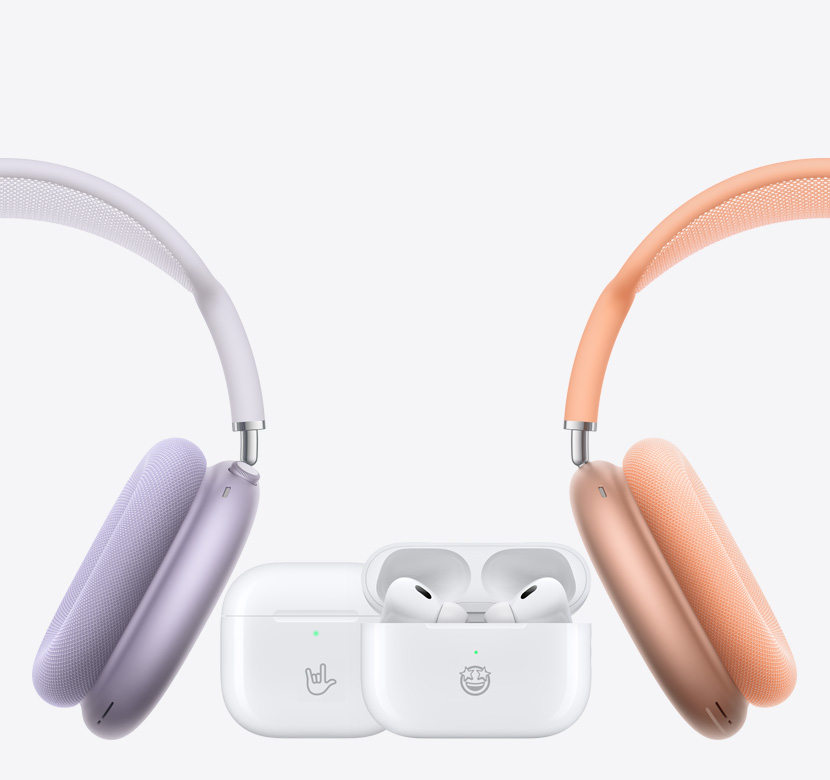 图片左右两侧各一副 AirPods Max，中间为 AirPods 4 和 AirPods Pro 2。