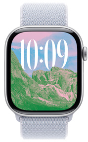 Apple Watch 屏幕展示风景照片表盘，时间大小和语言文字均为自定义