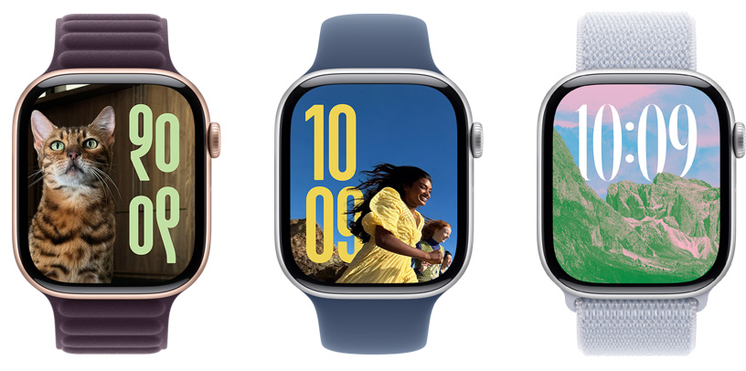 三款照片表盘展示在三个 Apple Watch 屏幕上，使用的图片、时间大小和语言文字各不相同。