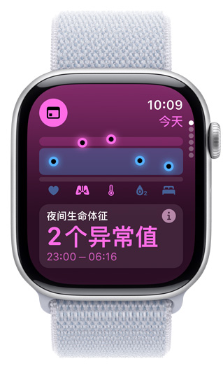 Apple Watch 屏幕显示夜间生命体征有 2 个异常值。